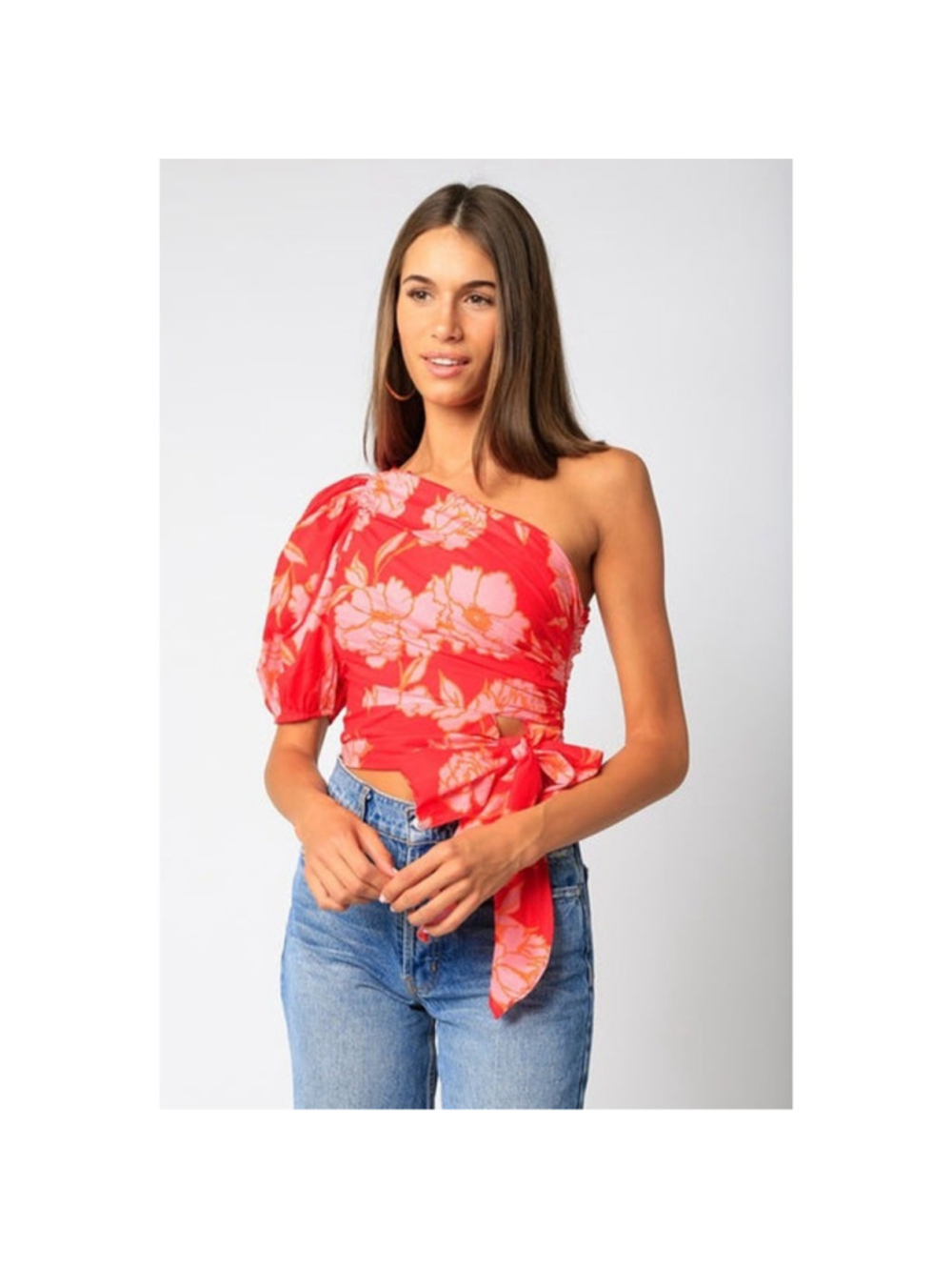 Vestique Hot Pink One Shoulder Puff Sleeve Crop Top Size S